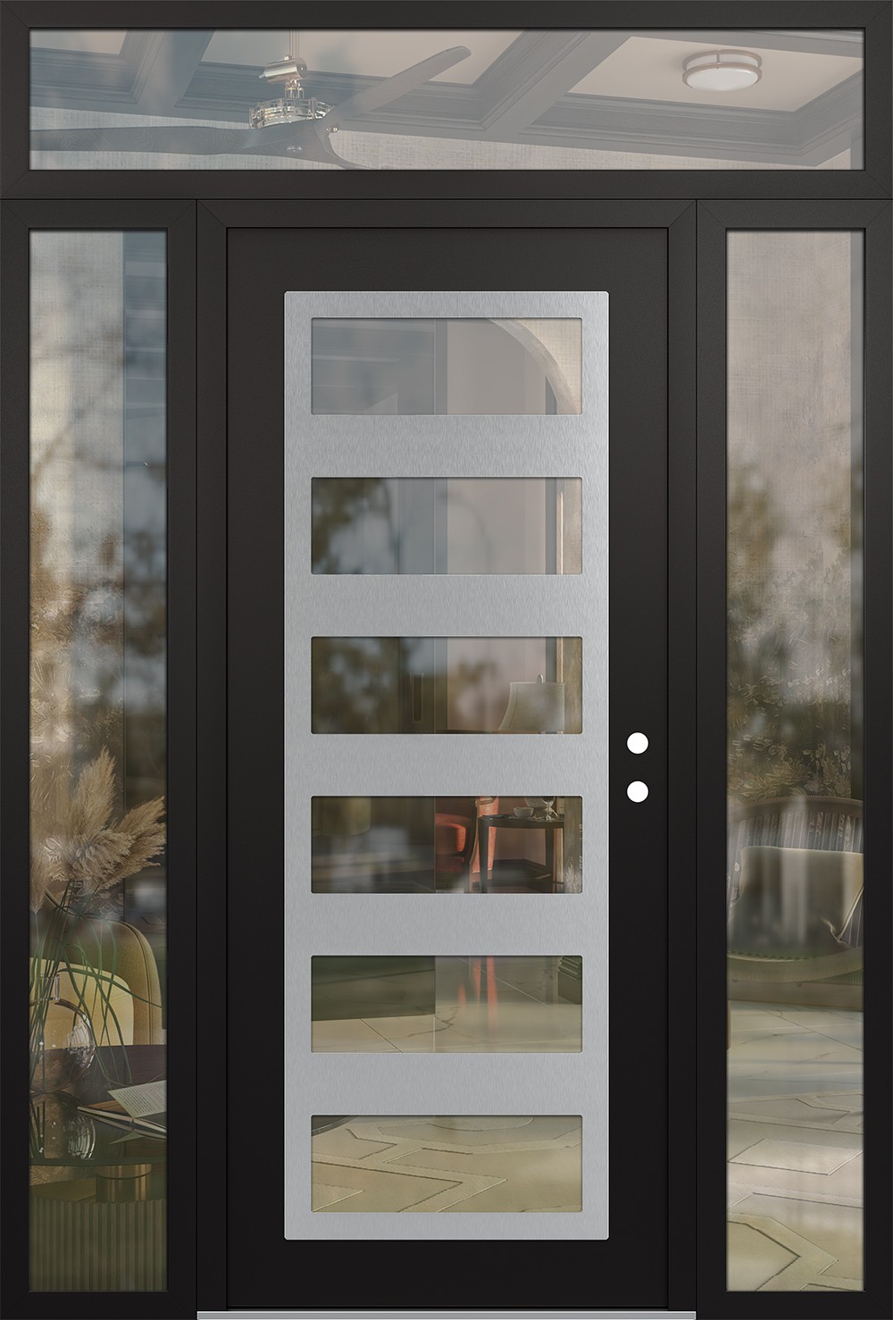Modern Steel Front Door Diamond C9 60" x 96" black/black clear Glass Panel stainless steel LHI with 2 Sidelites and Transom clear Glass