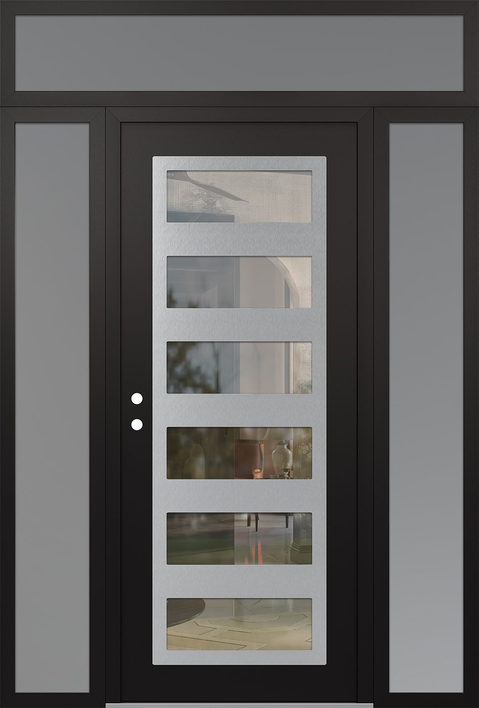 Modern Steel Front Door Diamond C9 60" x 96" black/black clear Glass Panel stainless steel RHI with 2 Sidelites and Transom frosted Glass