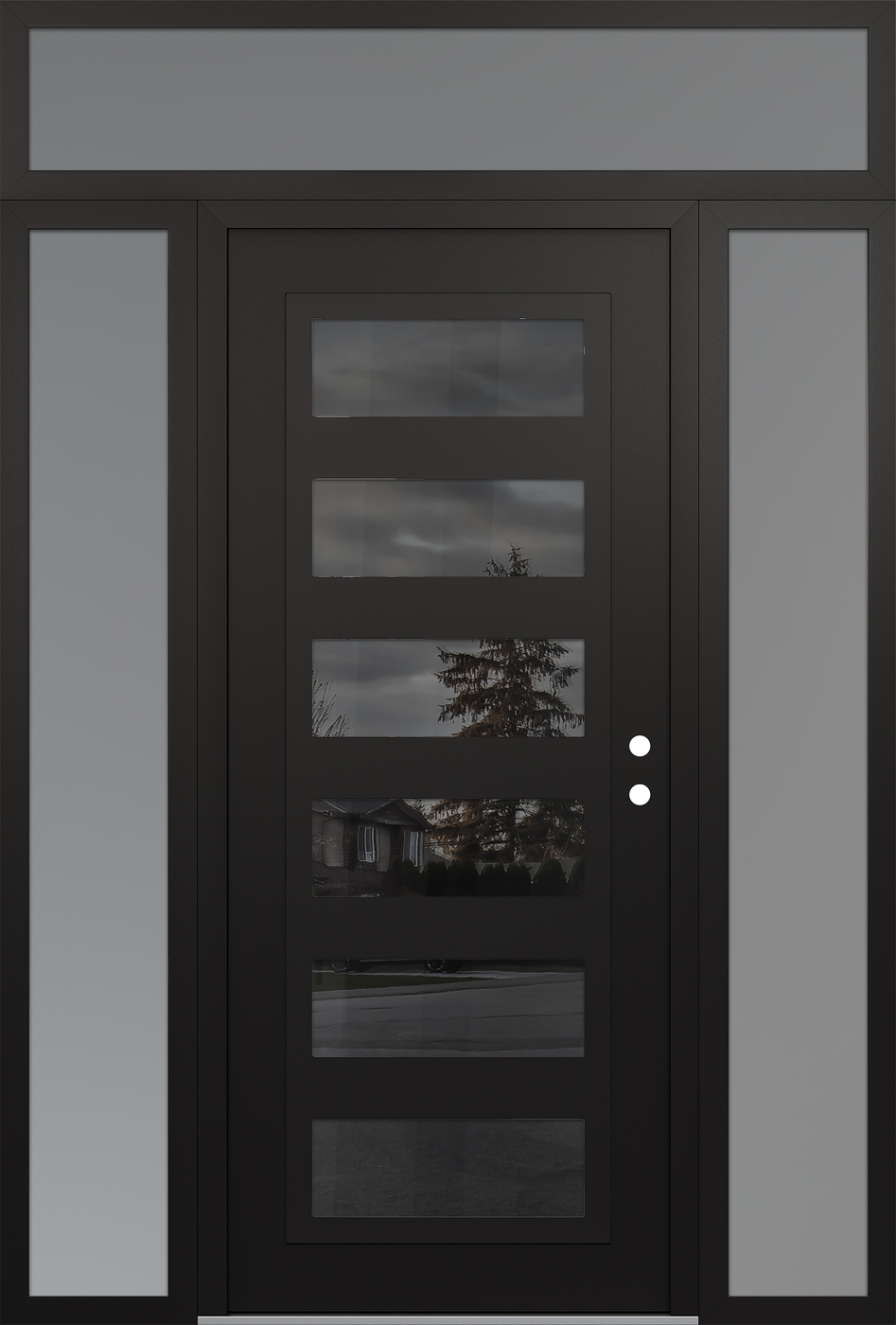 Modern Steel Front Door Diamond C9 60" x 96" black/black mirrored Glass Panel black LHI with 2 Sidelites and Transom frosted Glass