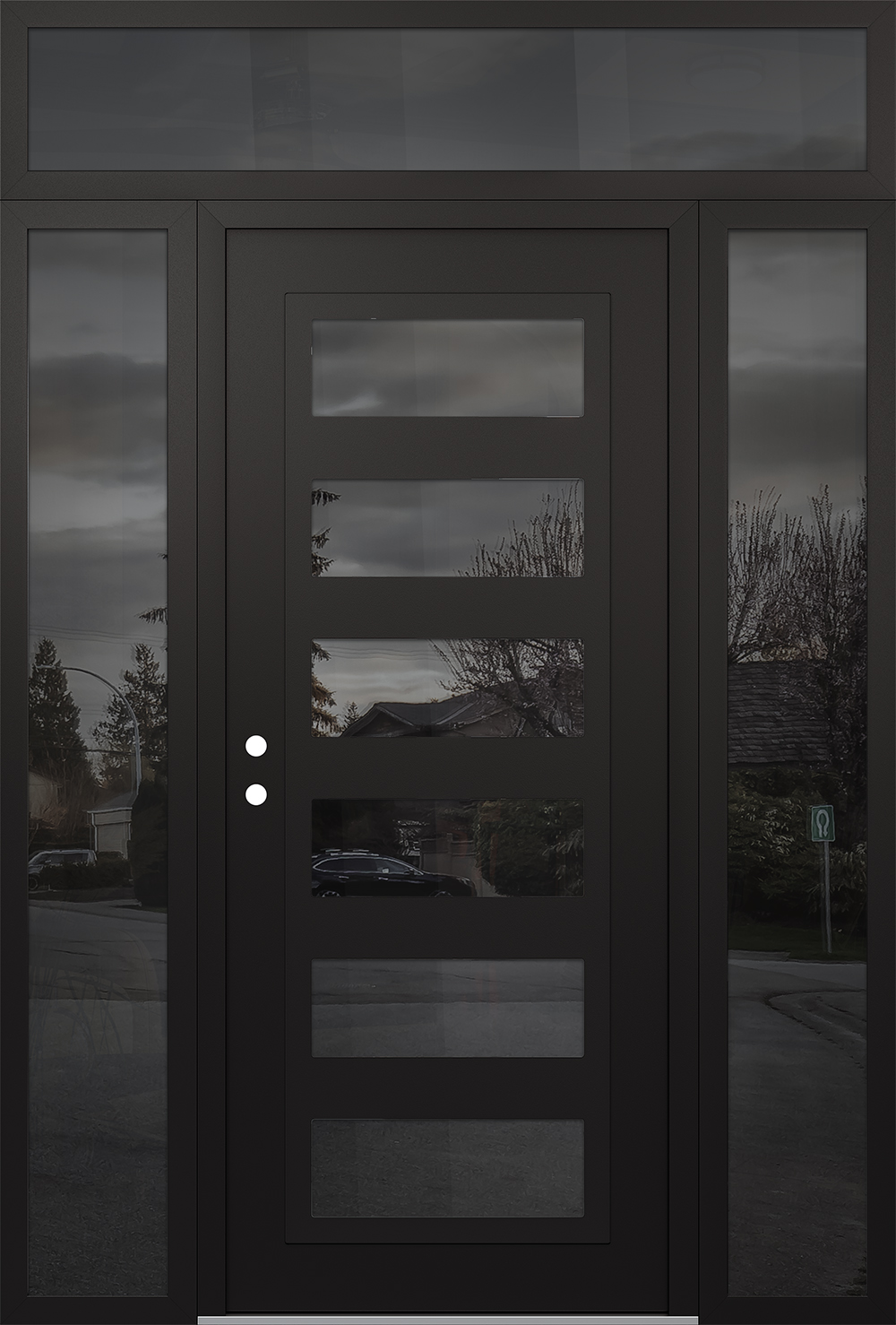 Modern Steel Front Door Diamond C9 60" x 96" black/black mirrored Glass Panel black RHI with 2 Sidelites and Transom mirrored Glass
