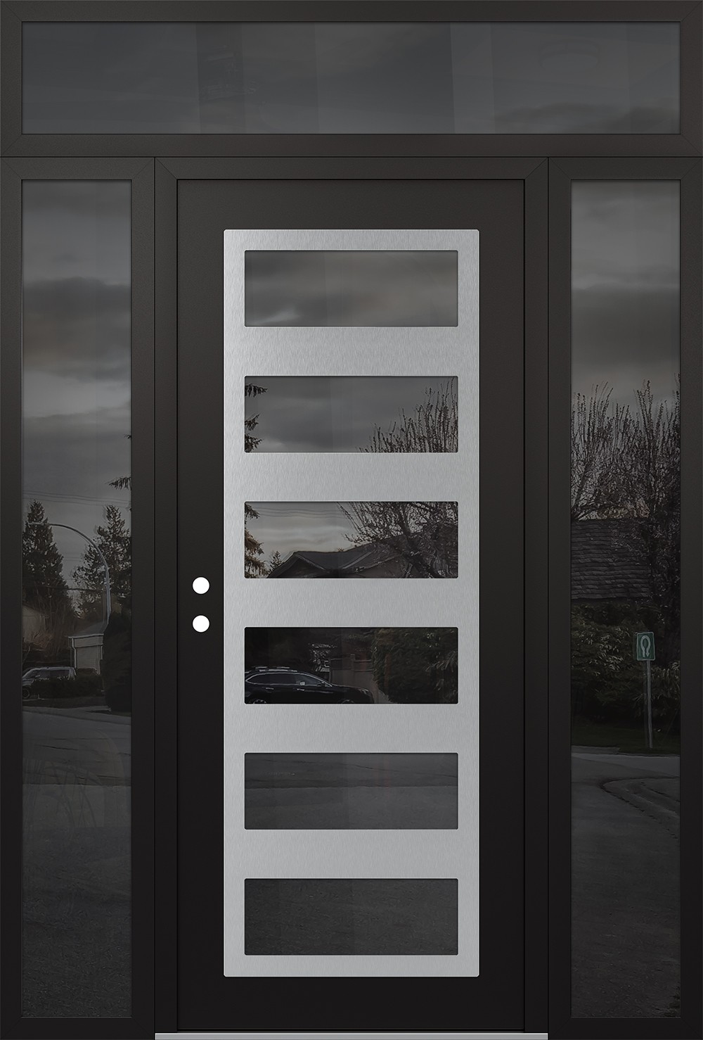 Modern Steel Front Door Diamond C9 60" x 96" black/black mirrored Glass Panel stainless steel RHI with 2 Sidelites and Transom mirrored Glass