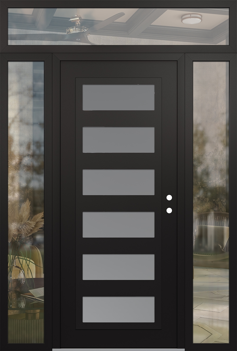 Modern Steel Front Door Diamond C9 60" x 96" black/white frosted Glass Panel black LHI with 2 Sidelites and Transom clear Glass