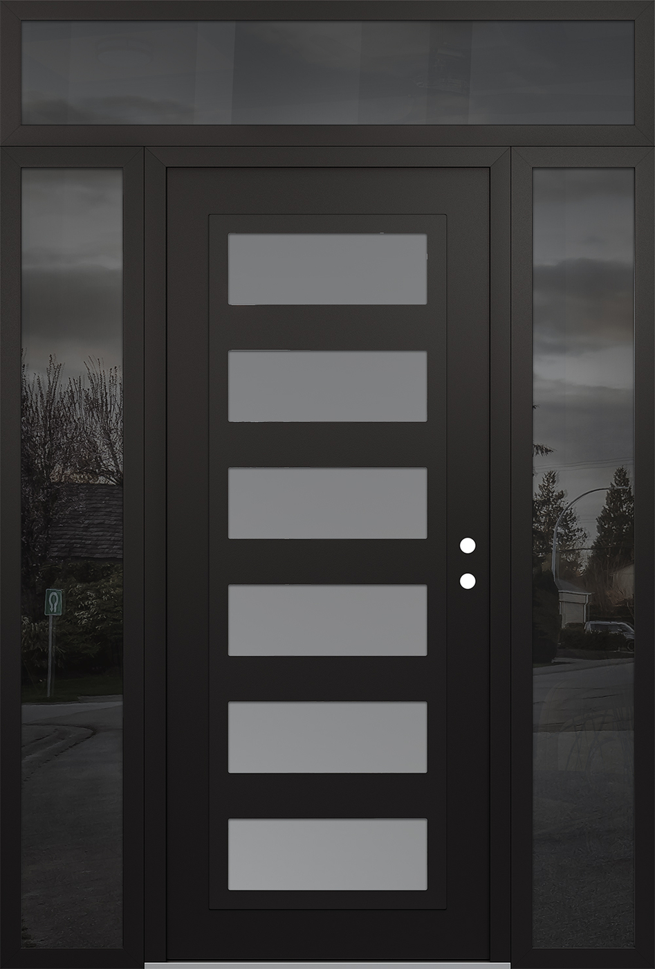 Modern Steel Front Door Diamond C9 60" x 96" black/white frosted Glass Panel black LHI with 2 Sidelites and Transom mirrored Glass