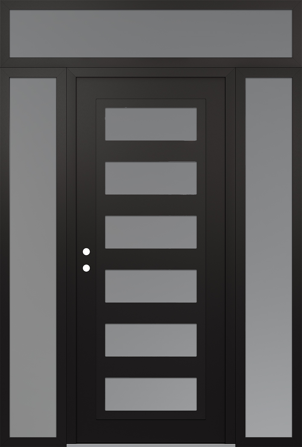 Modern Steel Front Door Diamond C9 60" x 96" black/white frosted Glass Panel black RHI with 2 Sidelites and Transom frosted Glass