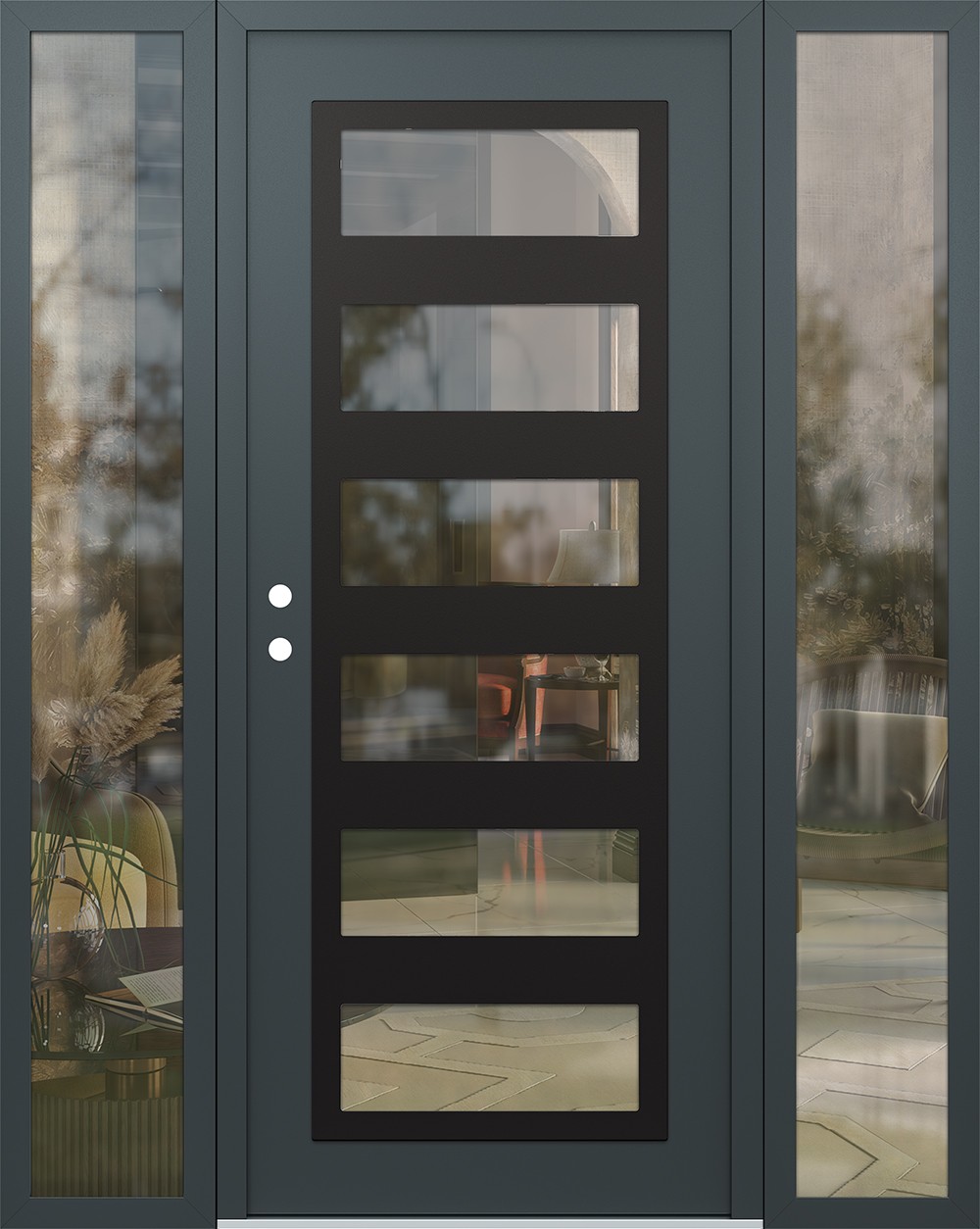 Modern Steel Front Door Diamond C9 64" x 80" anthracite/anthracite clear Glass Panel black RHI with 2 Sidelites clear Glass