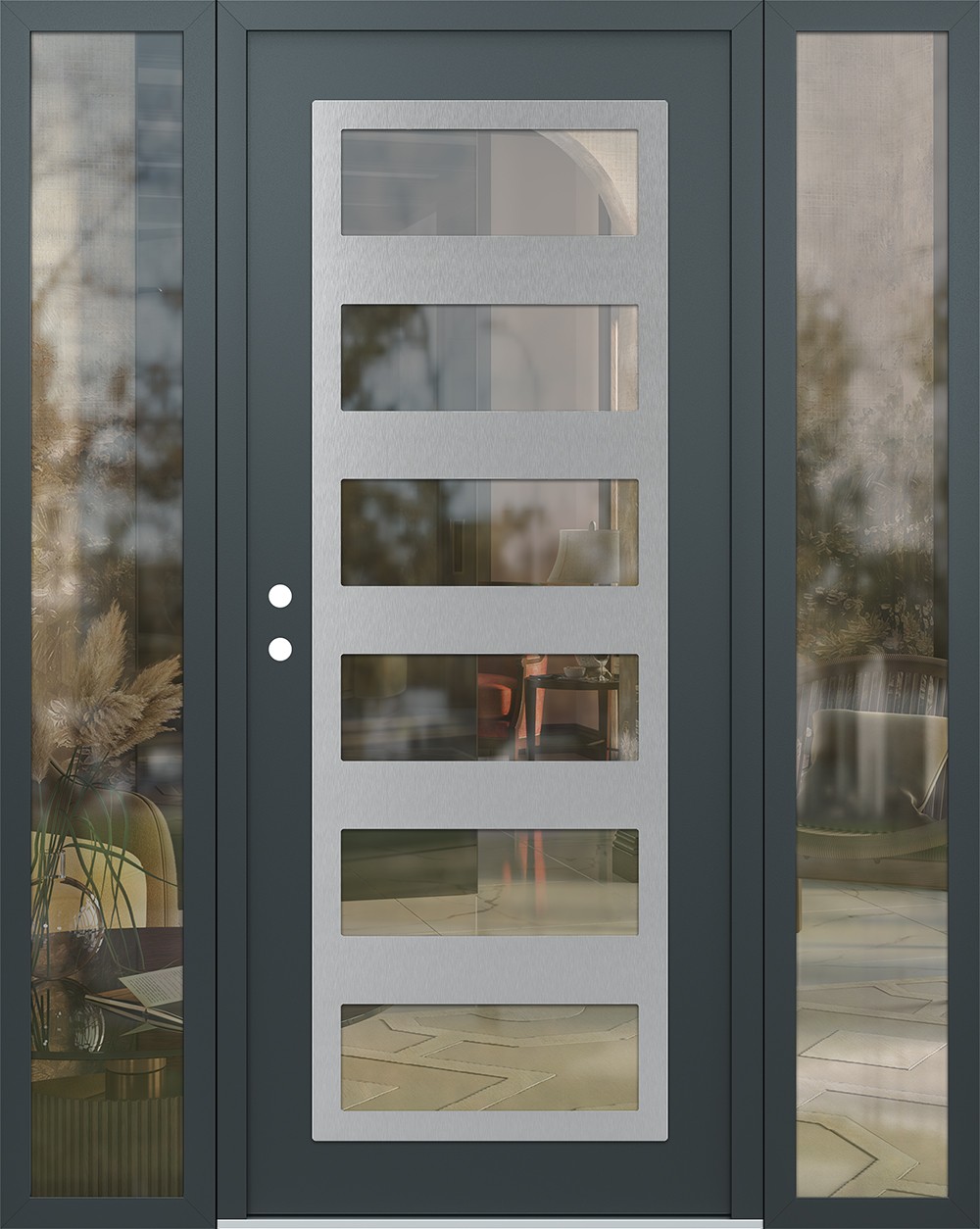 Modern Steel Front Door Diamond C9 64" x 80" anthracite/anthracite clear Glass Panel stainless steel RHI with 2 Sidelites clear Glass