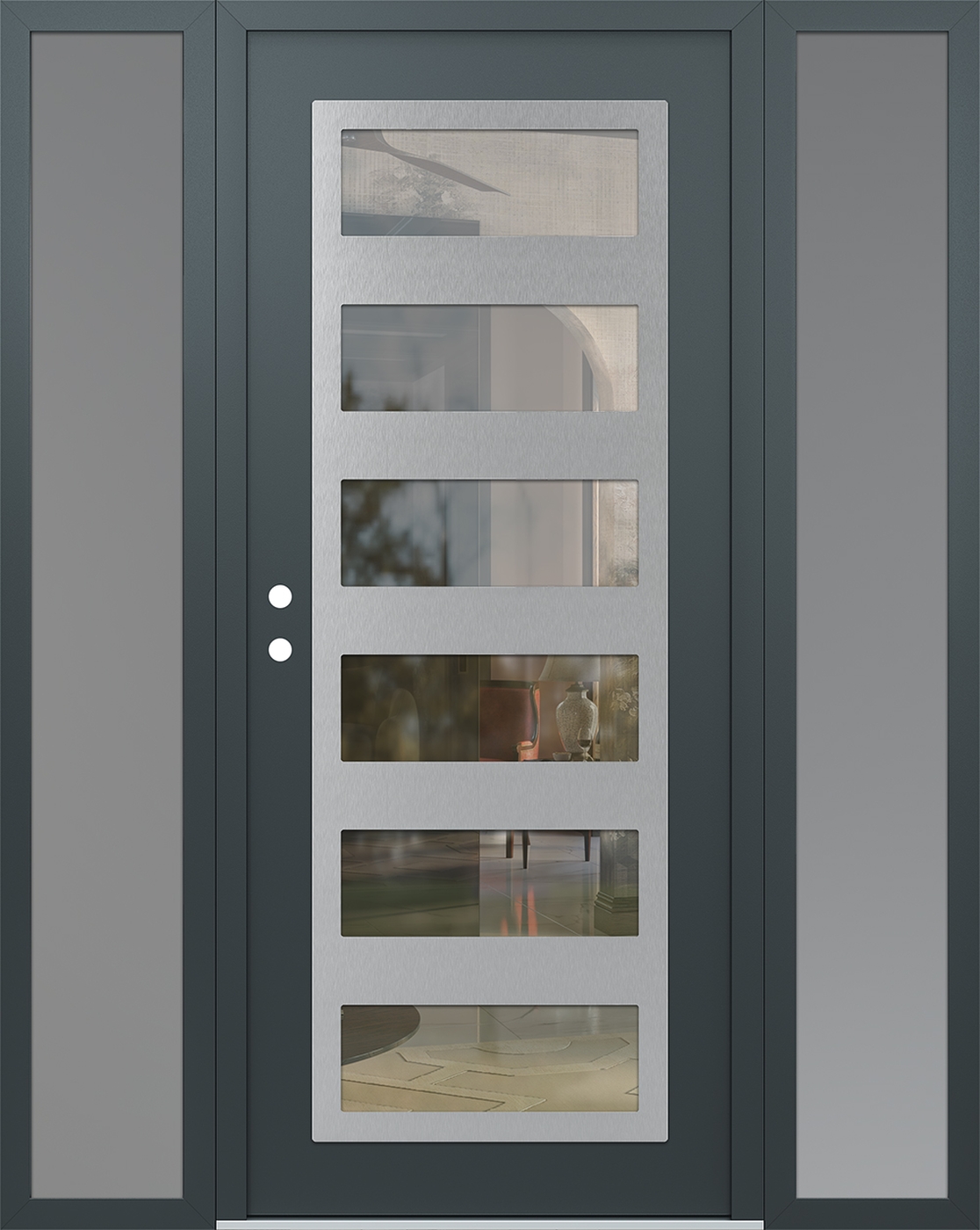 Modern Steel Front Door Diamond C9 64" x 80" anthracite/anthracite clear Glass Panel stainless steel RHI with 2 Sidelites frosted Glass
