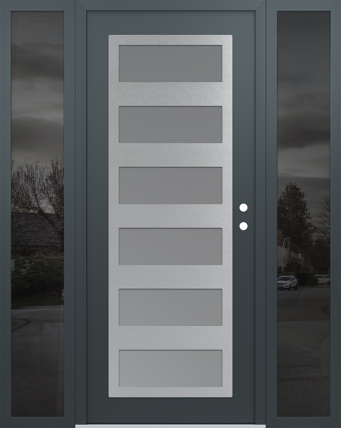 Modern Steel Front Door Diamond C9 64" x 80" anthracite/anthracite frosted Glass Panel stainless steel LHI with 2 Sidelites mirrored Glass