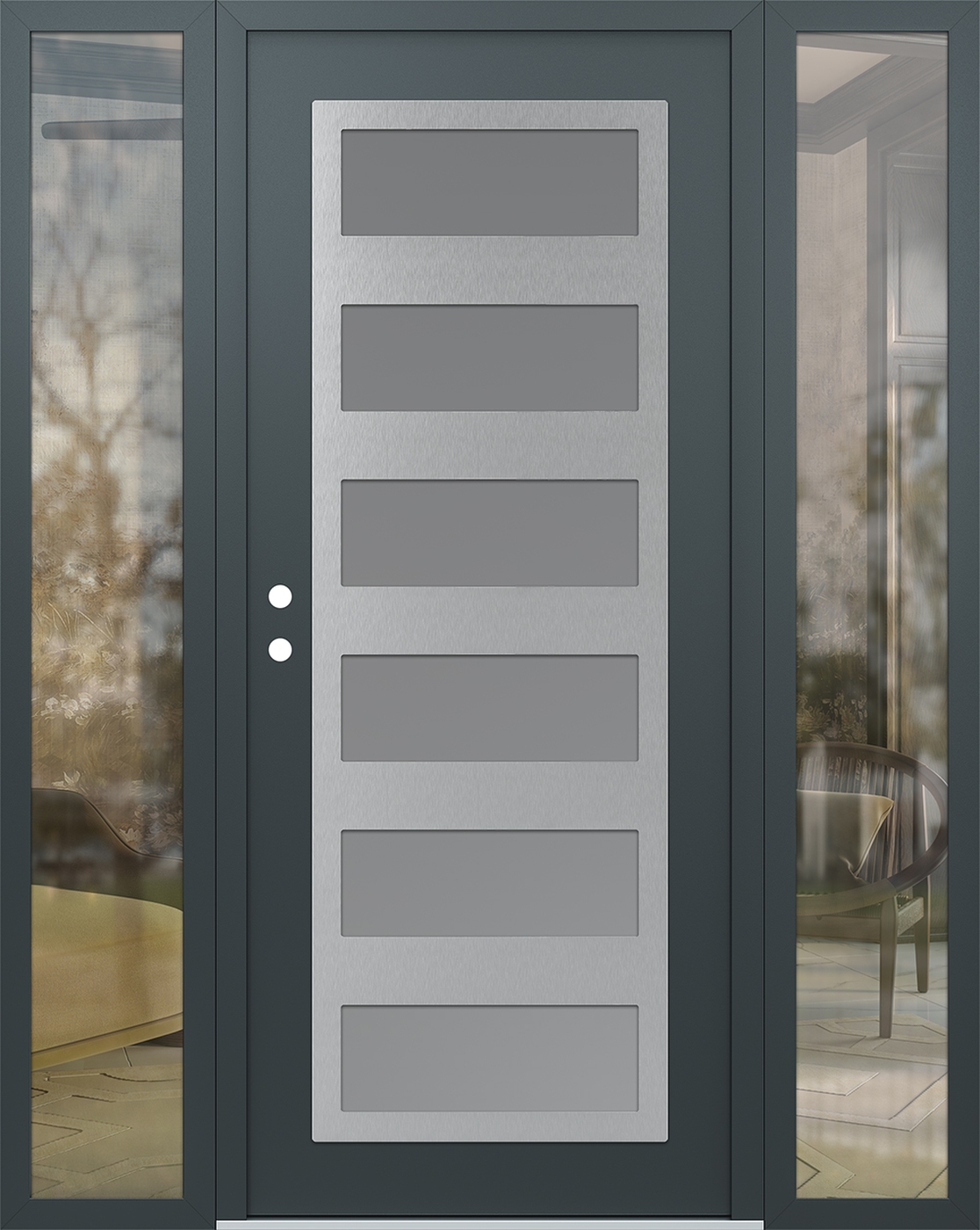 Modern Steel Front Door Diamond C9 64" x 80" anthracite/anthracite frosted Glass Panel stainless steel RHI with 2 Sidelites clear Glass