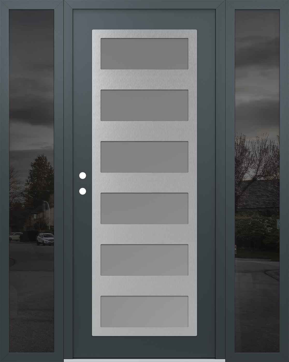 Modern Steel Front Door Diamond C9 64" x 80" anthracite/anthracite frosted Glass Panel stainless steel RHI with 2 Sidelites mirrored Glass