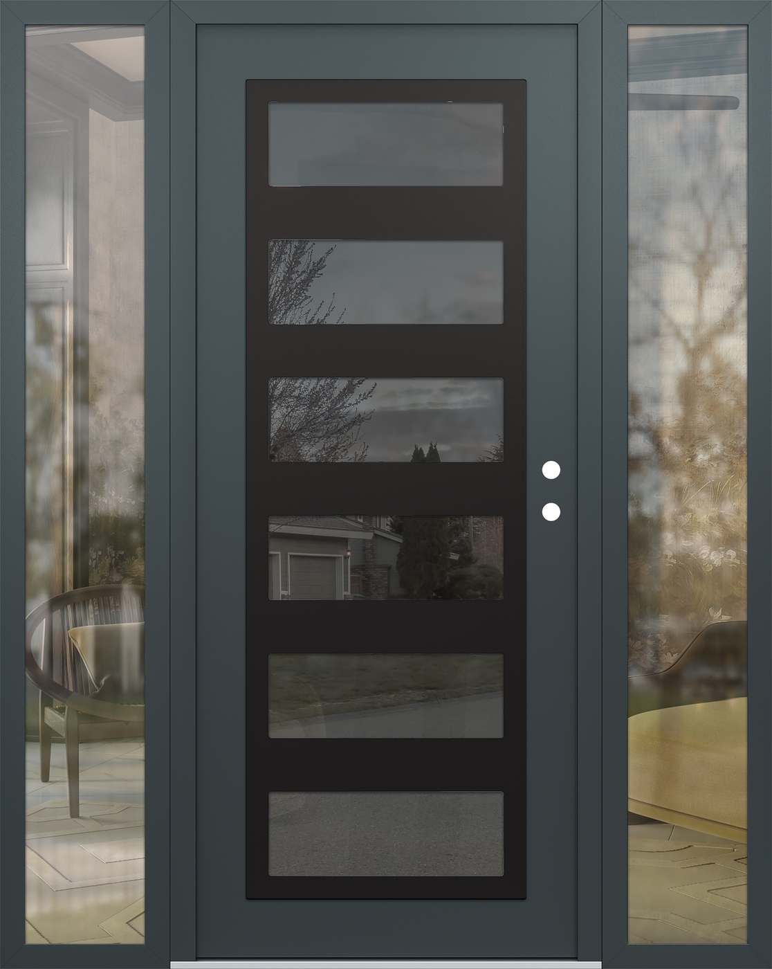 Modern Steel Front Door Diamond C9 64" x 80" anthracite/anthracite mirrored Glass Panel black LHI with 2 Sidelites clear Glass