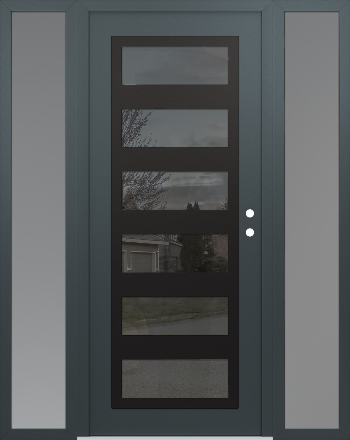 Modern Steel Front Door Diamond C9 64" x 80" anthracite/anthracite mirrored Glass Panel black LHI with 2 Sidelites frosted Glass