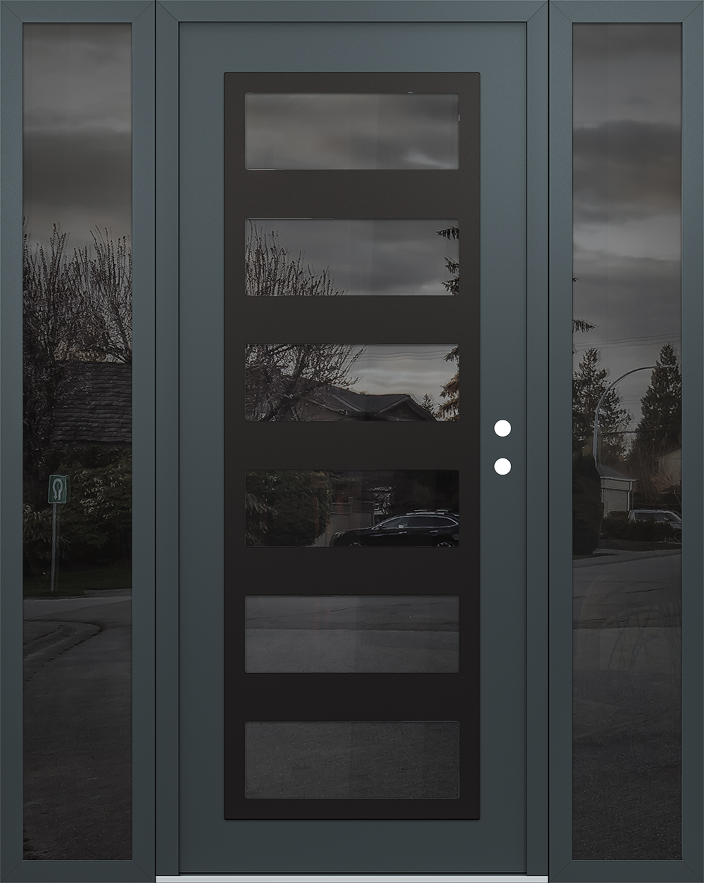 Modern Steel Front Door Diamond C9 64" x 80" anthracite/anthracite mirrored Glass Panel black LHI with 2 Sidelites mirrored Glass