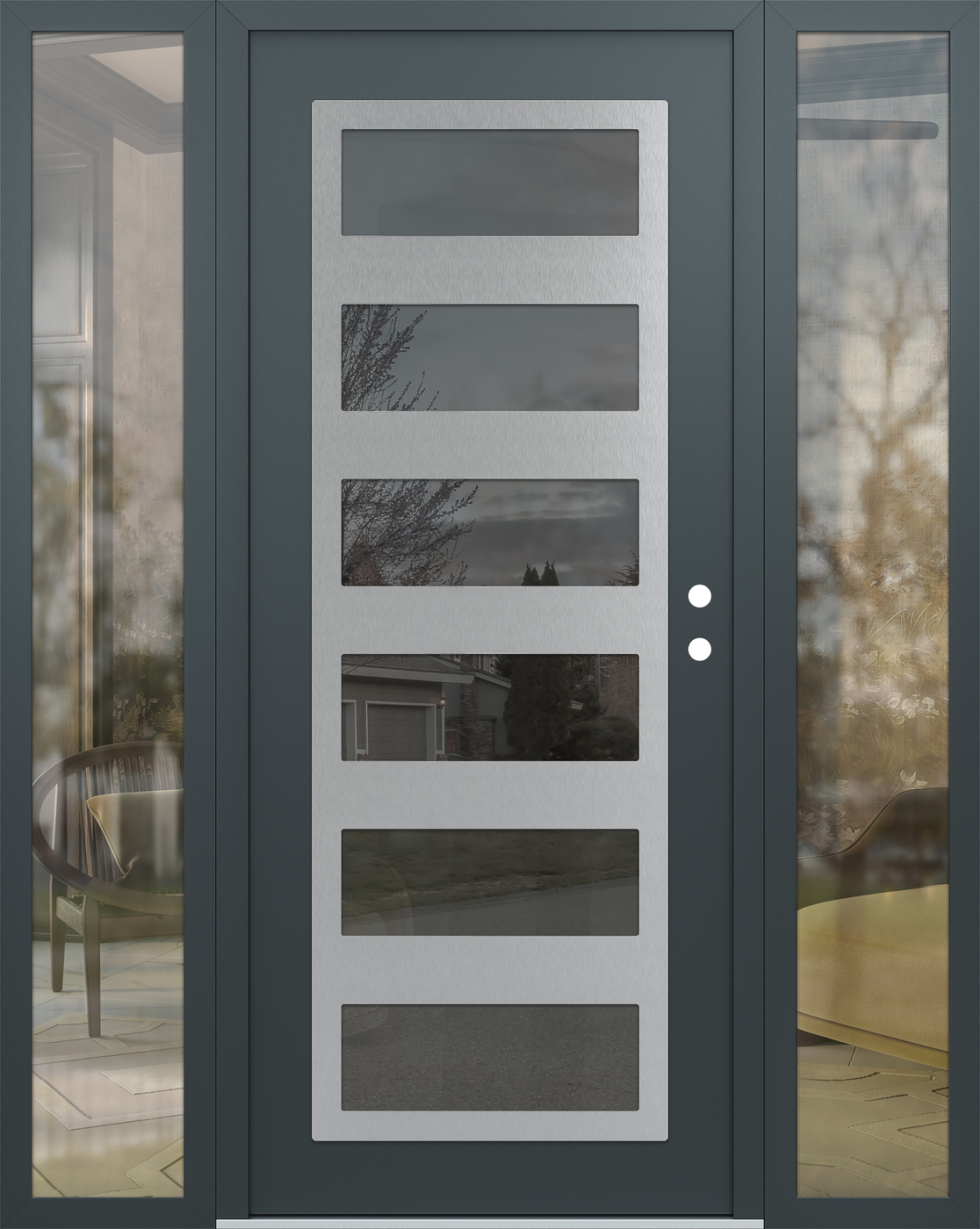 Modern Steel Front Door Diamond C9 64" x 80" anthracite/anthracite mirrored Glass Panel stainless steel LHI with 2 Sidelites clear Glass