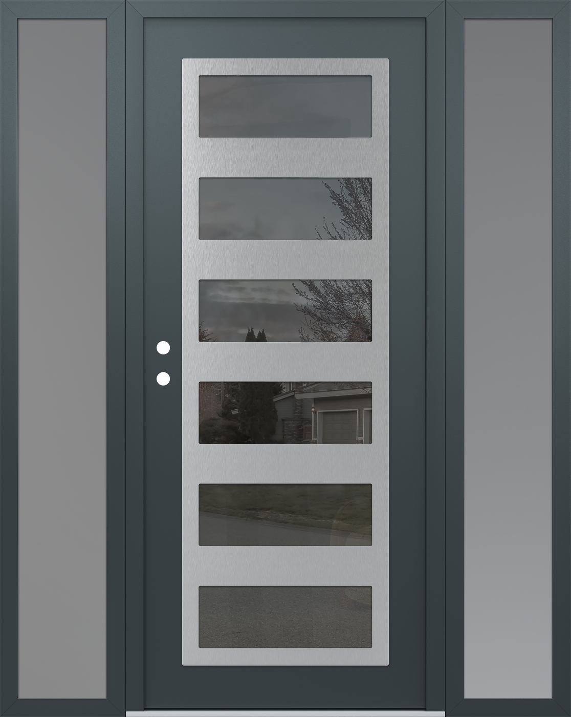 Modern Steel Front Door Diamond C9 64" x 80" anthracite/anthracite mirrored Glass Panel stainless steel RHI with 2 Sidelites frosted Glass