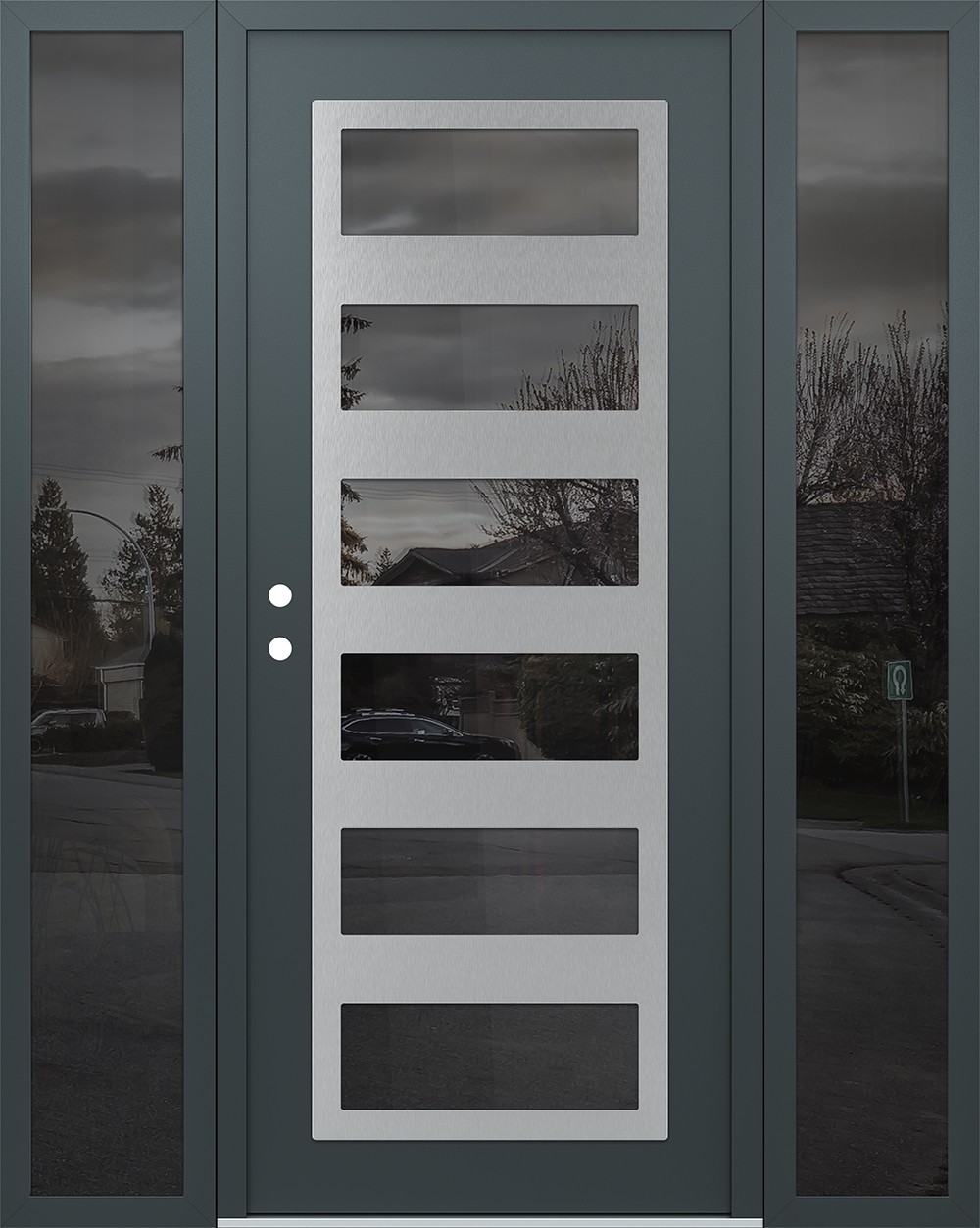 Modern Steel Front Door Diamond C9 64" x 80" anthracite/anthracite mirrored Glass Panel stainless steel RHI with 2 Sidelites mirrored Glass