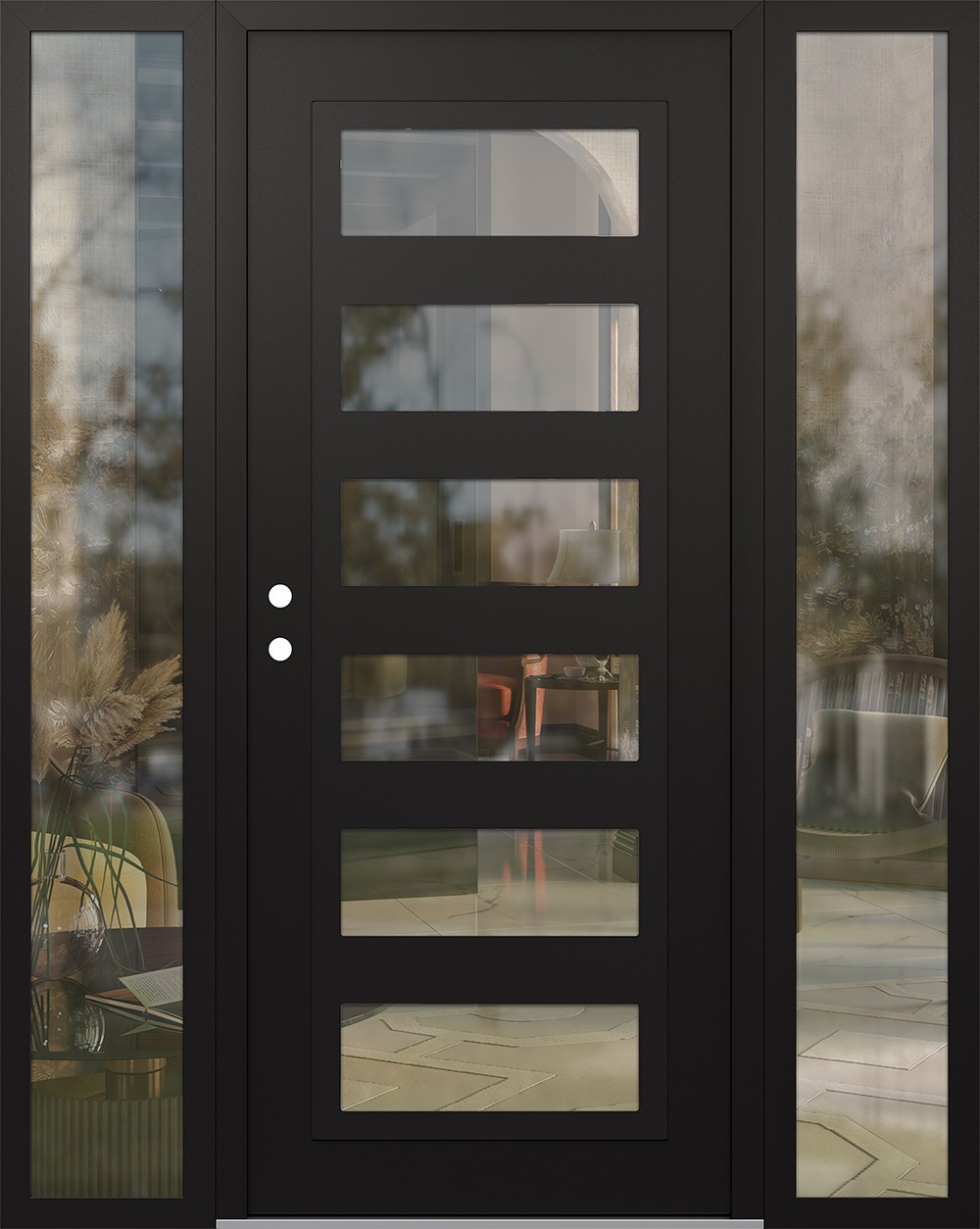Modern Steel Front Door Diamond C9 64" x 80" black/black clear Glass Panel black RHI with 2 Sidelites clear Glass