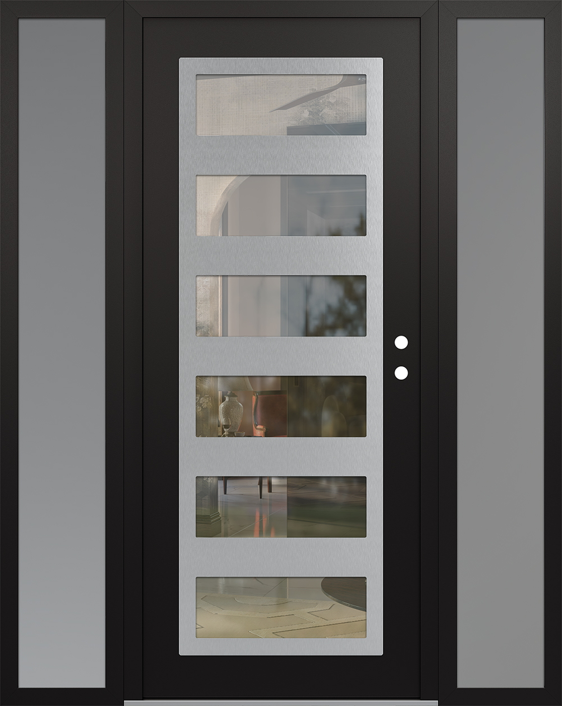 Modern Steel Front Door Diamond C9 64" x 80" black/black clear Glass Panel stainless steel LHI with 2 Sidelites frosted Glass