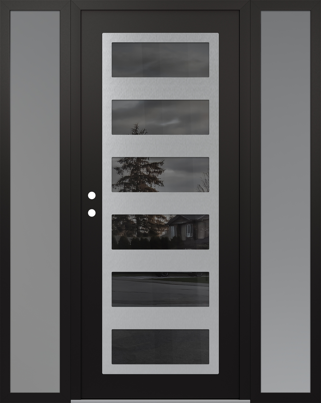 Modern Steel Front Door Diamond C9 64" x 80" black/black mirrored Glass Panel stainless steel RHI with 2 Sidelites frosted Glass