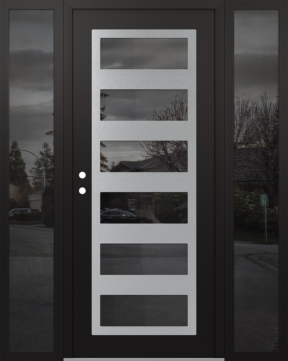 Modern Steel Front Door Diamond C9 64" x 80" black/black mirrored Glass Panel stainless steel RHI with 2 Sidelites mirrored Glass
