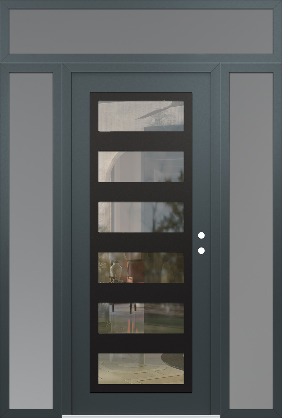 Modern Steel Front Door Diamond C9 64" x 96" anthracite/anthracite clear Glass Panel black LHI with 2 Sidelites and Transom frosted Glass