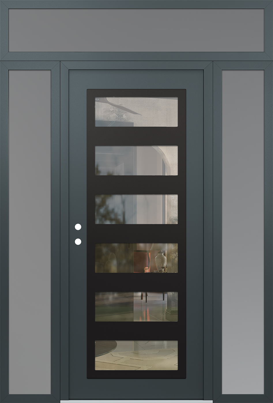 Modern Steel Front Door Diamond C9 64" x 96" anthracite/anthracite clear Glass Panel black RHI with 2 Sidelites and Transom frosted Glass