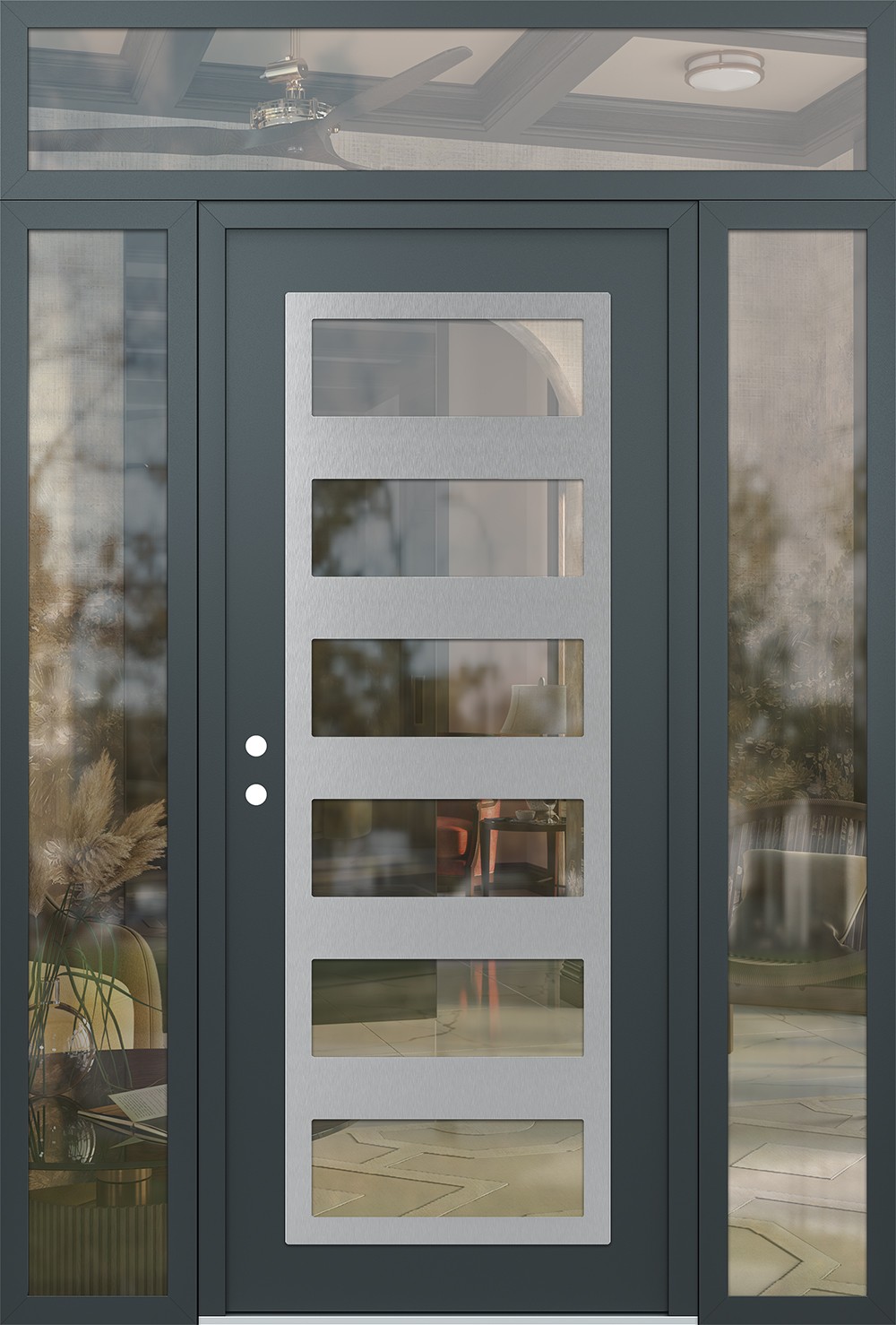 Modern Steel Front Door Diamond C9 64" x 96" anthracite/anthracite clear Glass Panel stainless steel RHI with 2 Sidelites and Transom clear Glass