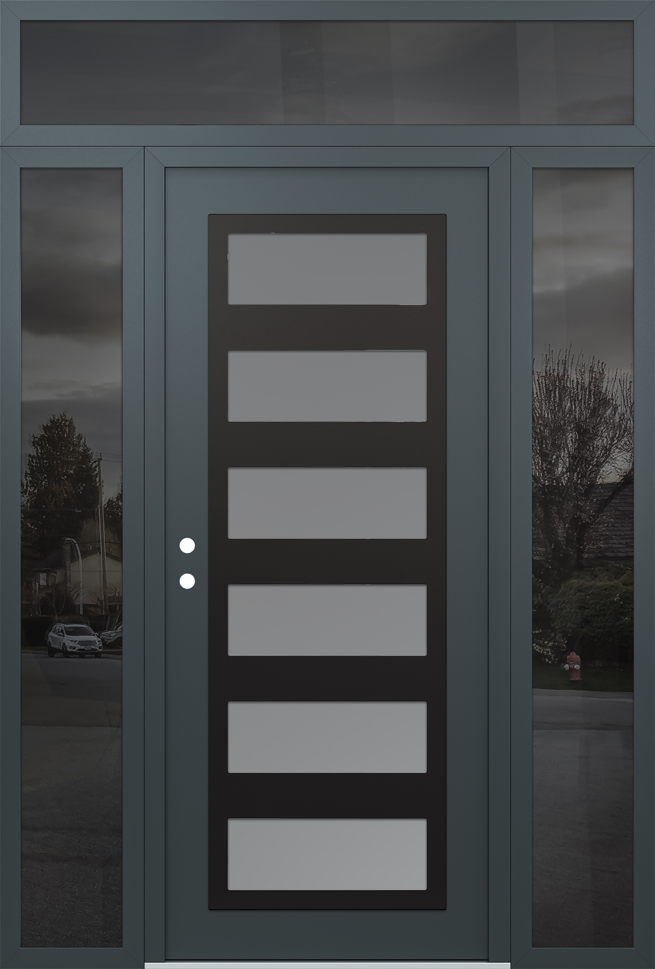Modern Steel Front Door Diamond C9 64" x 96" anthracite/anthracite frosted Glass Panel black RHI with 2 Sidelites and Transom mirrored Glass