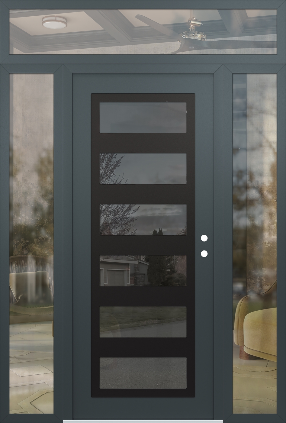Modern Steel Front Door Diamond C9 64" x 96" anthracite/anthracite mirrored Glass Panel black LHI with 2 Sidelites and Transom clear Glass