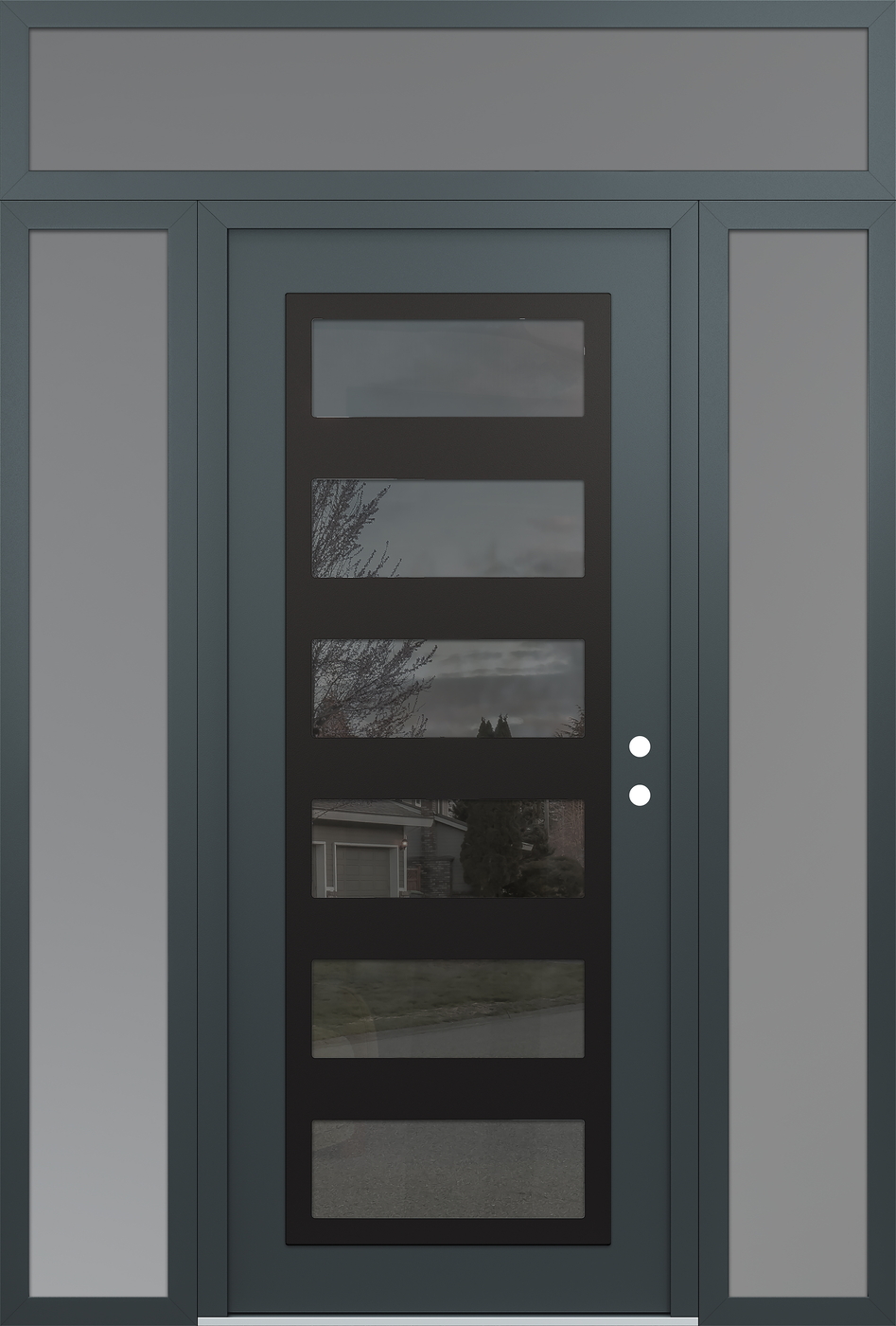 Modern Steel Front Door Diamond C9 64" x 96" anthracite/anthracite mirrored Glass Panel black LHI with 2 Sidelites and Transom frosted Glass