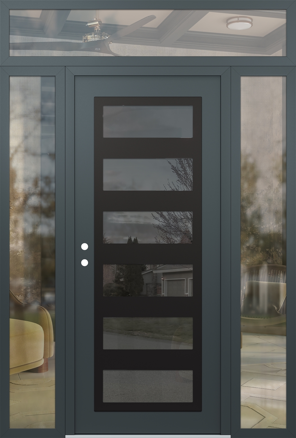Modern Steel Front Door Diamond C9 64" x 96" anthracite/anthracite mirrored Glass Panel black RHI with 2 Sidelites and Transom clear Glass