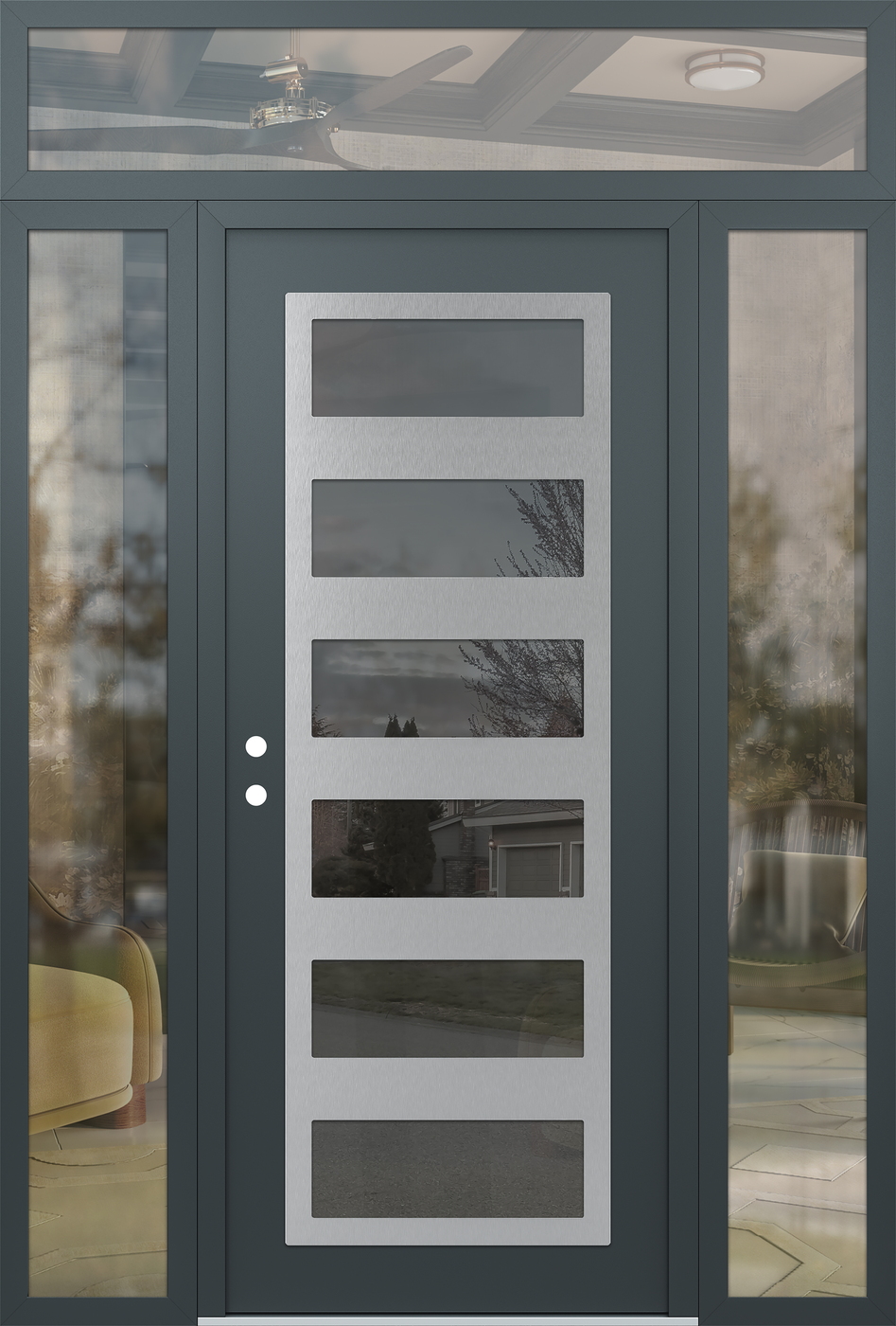 Modern Steel Front Door Diamond C9 64" x 96" anthracite/anthracite mirrored Glass Panel stainless steel RHI with 2 Sidelites and Transom clear Glass