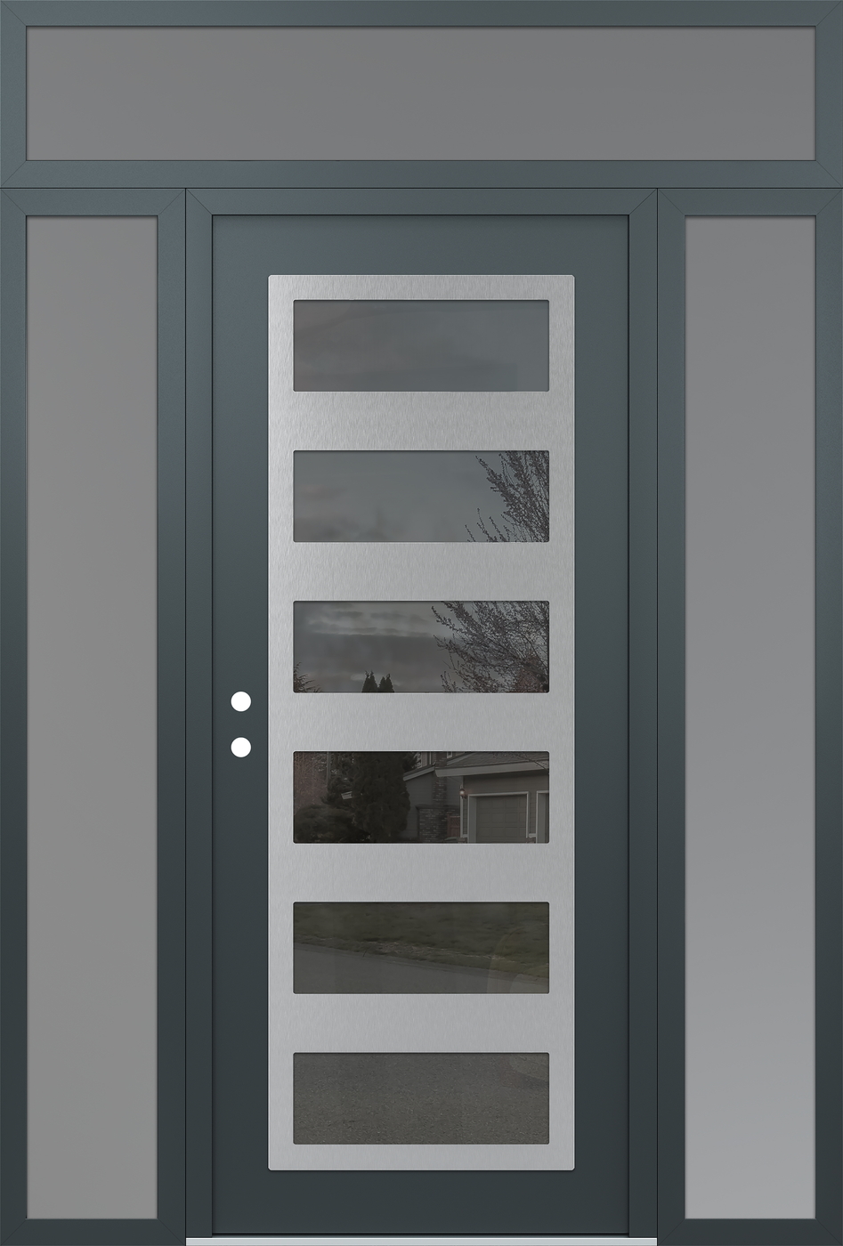 Modern Steel Front Door Diamond C9 64" x 96" anthracite/anthracite mirrored Glass Panel stainless steel RHI with 2 Sidelites and Transom frosted Glass