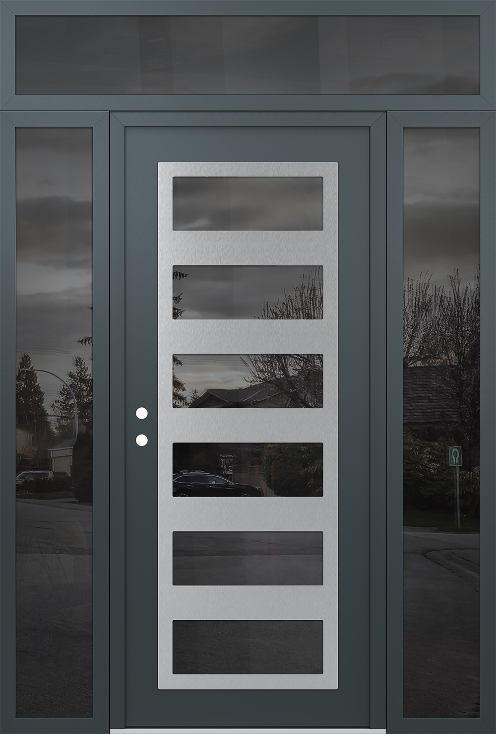 Modern Steel Front Door Diamond C9 64" x 96" anthracite/anthracite mirrored Glass Panel stainless steel RHI with 2 Sidelites and Transom mirrored Glass
