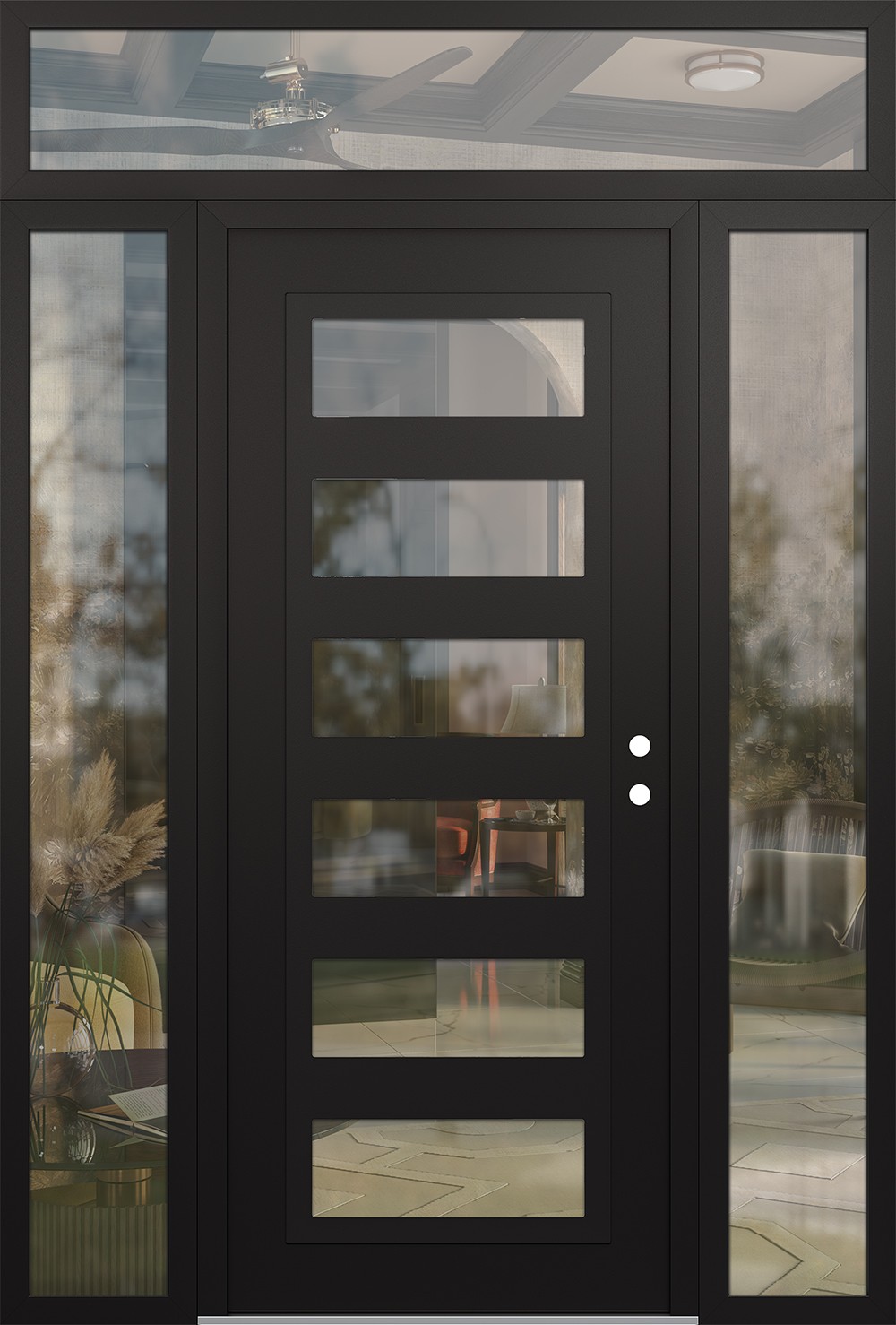 Modern Steel Front Door Diamond C9 64" x 96" black/black clear Glass Panel black LHI with 2 Sidelites and Transom clear Glass