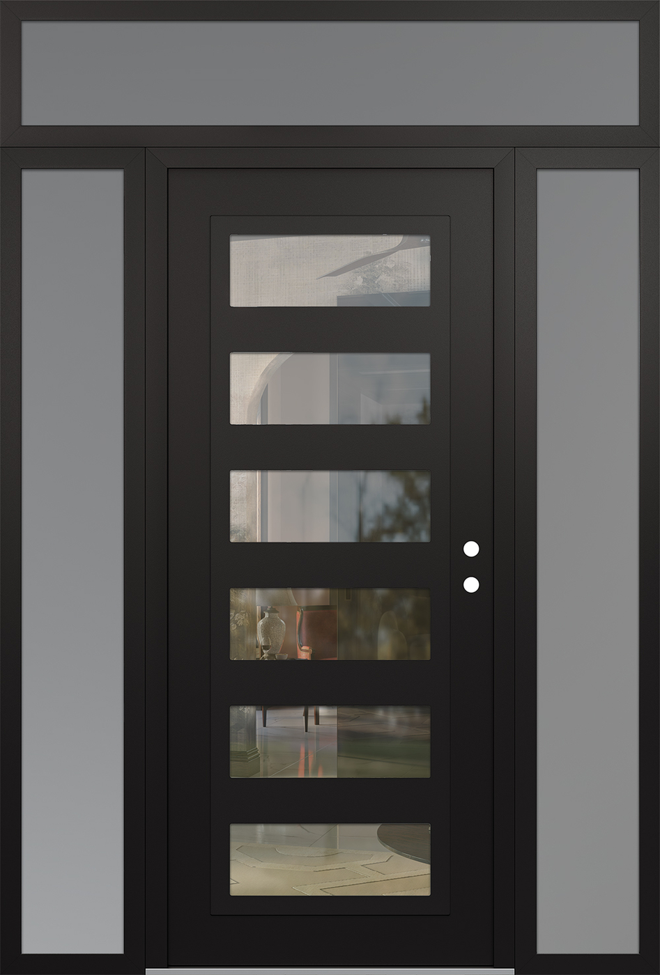 Modern Steel Front Door Diamond C9 64" x 96" black/black clear Glass Panel black LHI with 2 Sidelites and Transom frosted Glass