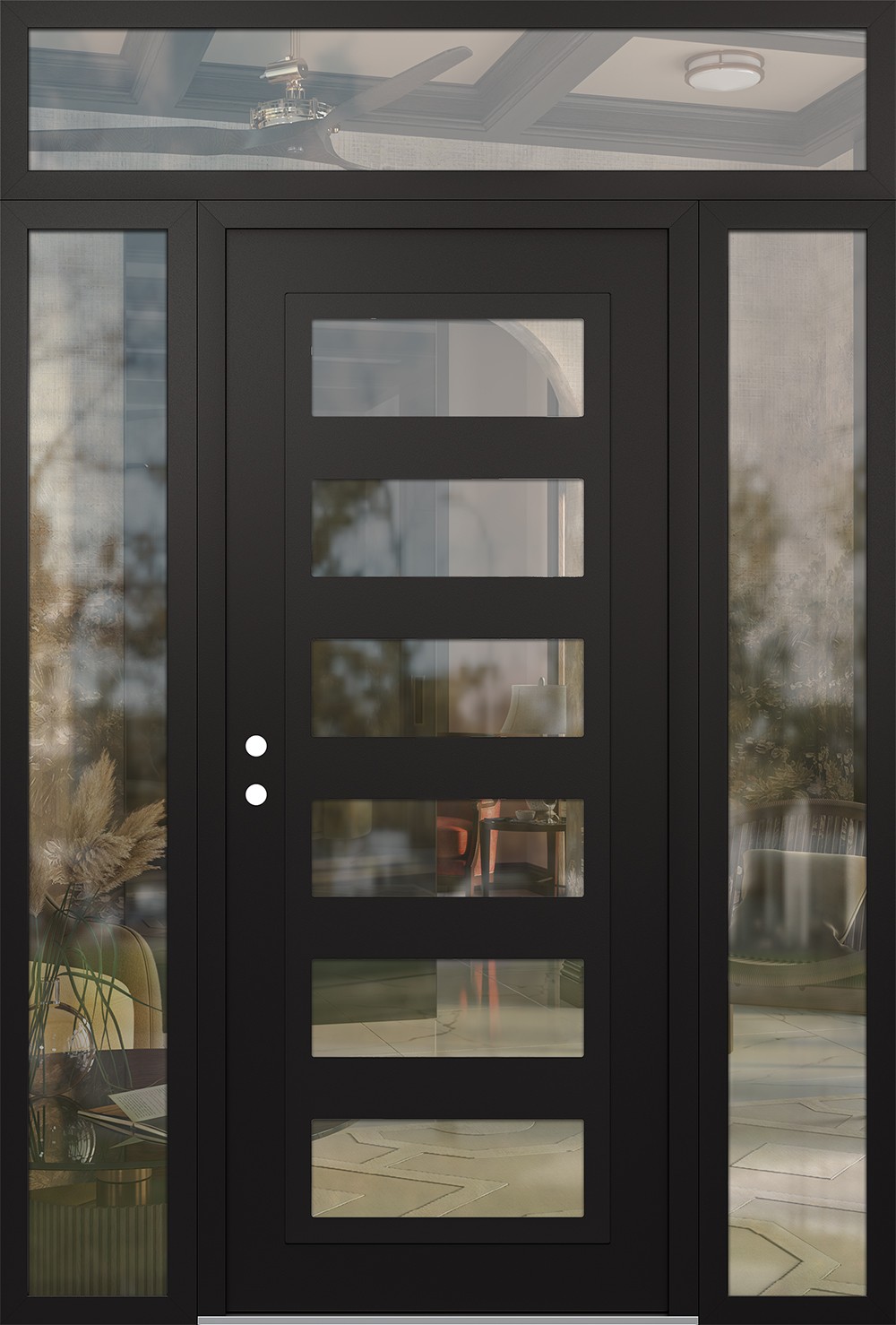 Modern Steel Front Door Diamond C9 64" x 96" black/black clear Glass Panel black RHI with 2 Sidelites and Transom clear Glass