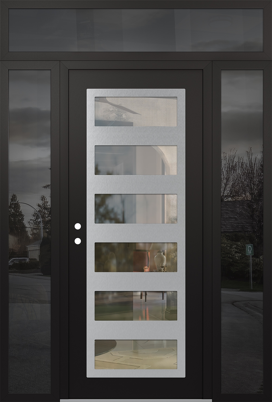 Modern Steel Front Door Diamond C9 64" x 96" black/black clear Glass Panel stainless steel RHI with 2 Sidelites and Transom mirrored Glass