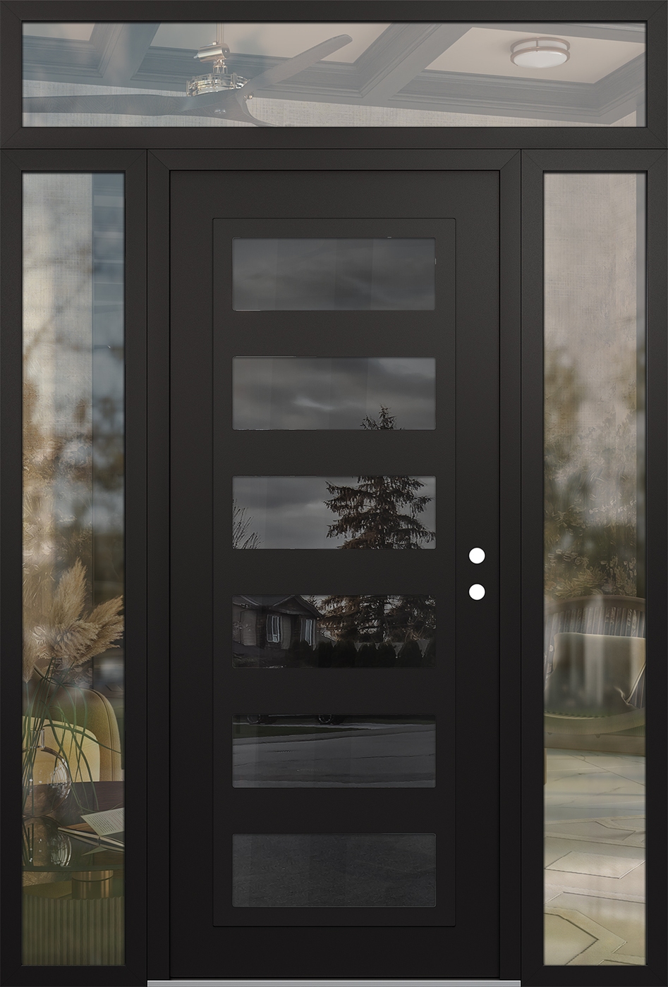 Modern Steel Front Door Diamond C9 64" x 96" black/black mirrored Glass Panel black LHI with 2 Sidelites and Transom clear Glass
