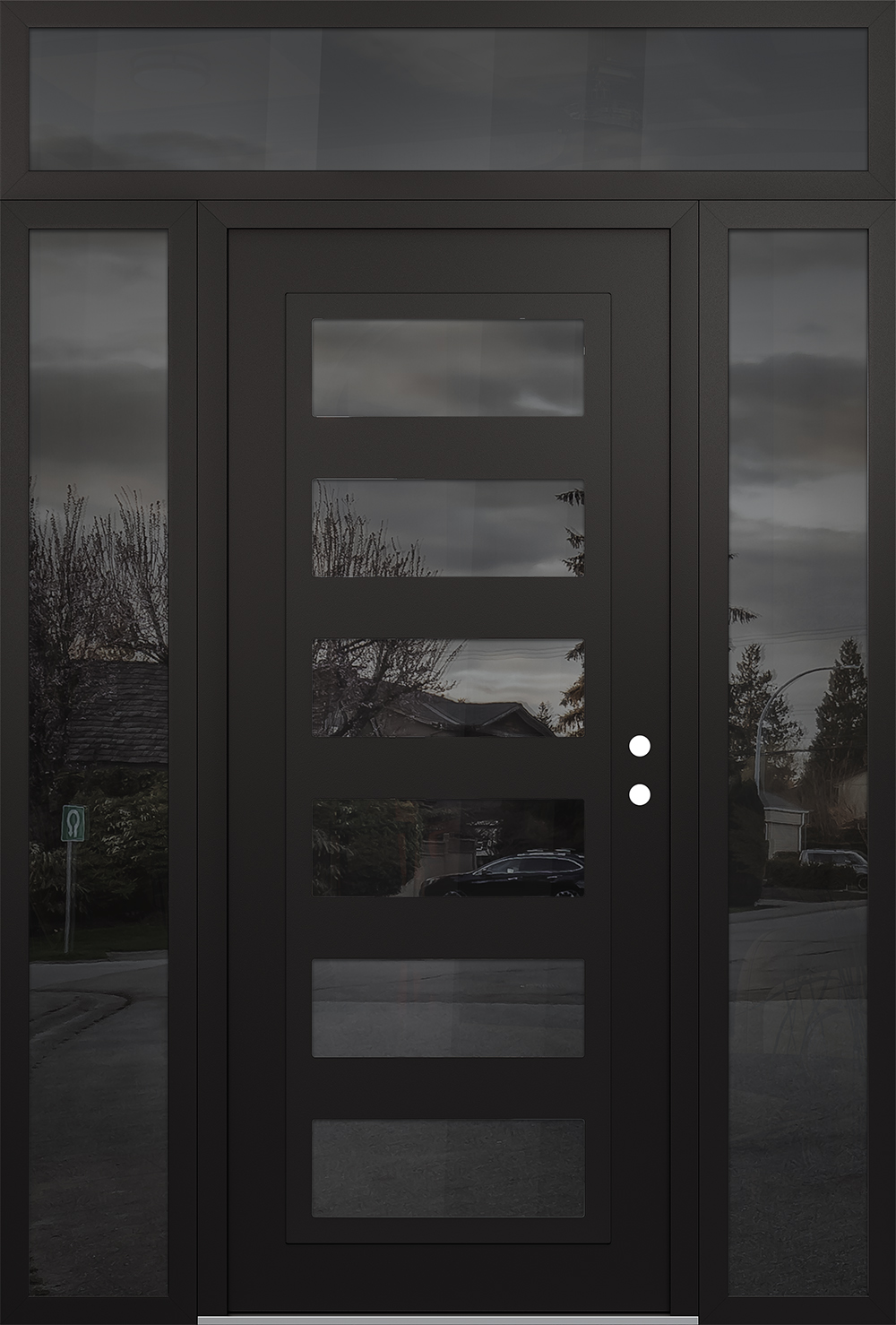 Modern Steel Front Door Diamond C9 64" x 96" black/black mirrored Glass Panel black LHI with 2 Sidelites and Transom mirrored Glass