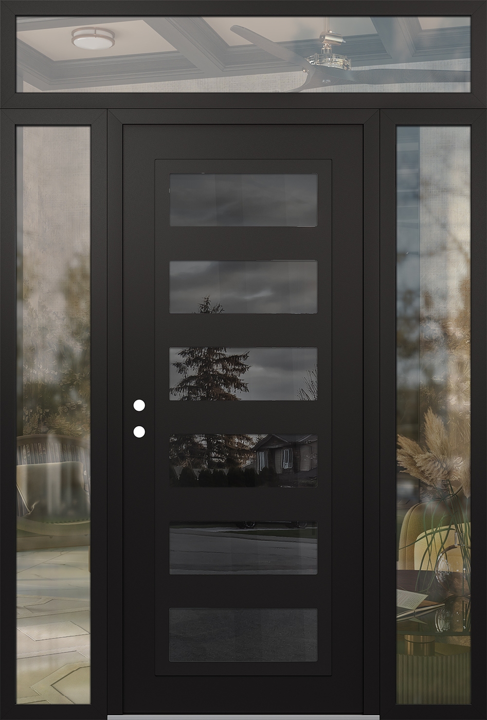 Modern Steel Front Door Diamond C9 64" x 96" black/black mirrored Glass Panel black RHI with 2 Sidelites and Transom clear Glass