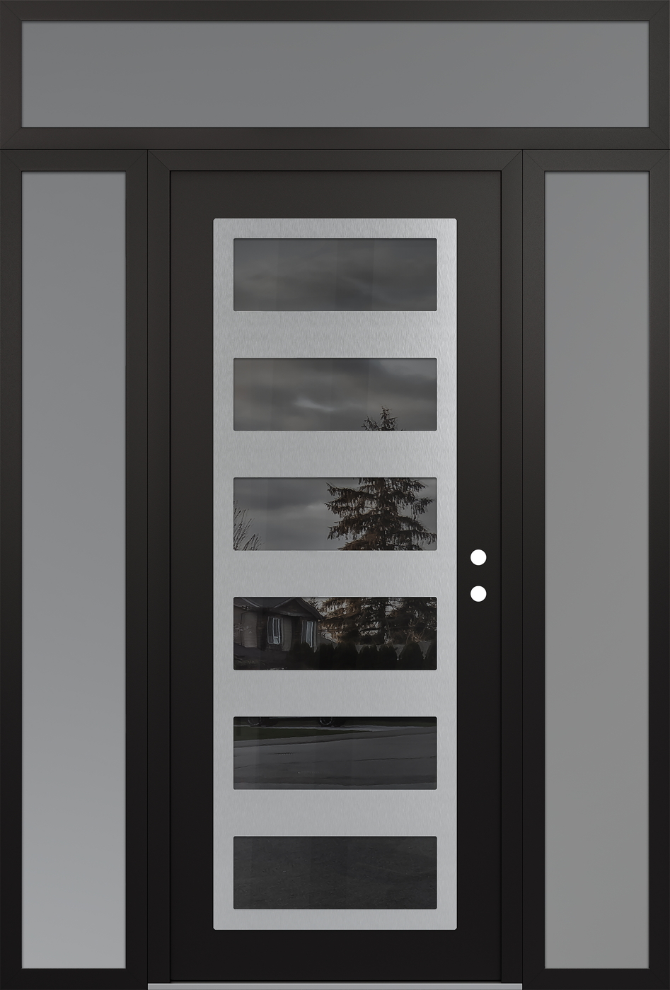 Modern Steel Front Door Diamond C9 64" x 96" black/black mirrored Glass Panel stainless steel LHI with 2 Sidelites and Transom frosted Glass