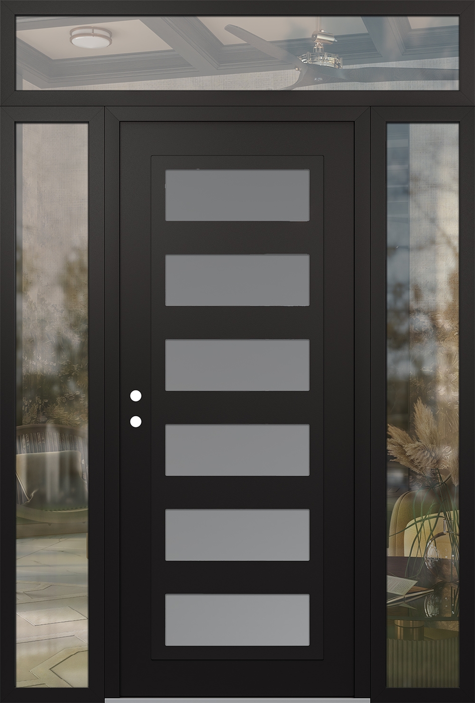 Modern Steel Front Door Diamond C9 64" x 96" black/white frosted Glass Panel black RHI with 2 Sidelites and Transom clear Glass