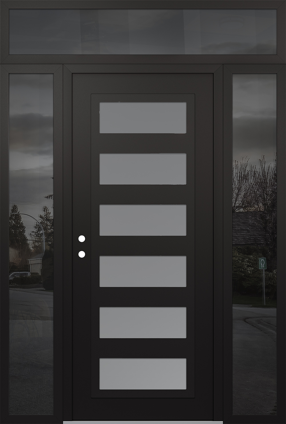 Modern Steel Front Door Diamond C9 64" x 96" black/white frosted Glass Panel black RHI with 2 Sidelites and Transom mirrored Glass