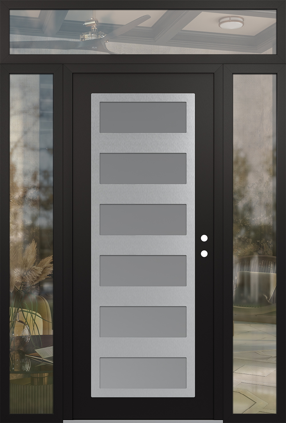 Modern Steel Front Door Diamond C9 64" x 96" black/white frosted Glass Panel stainless steel LHI with 2 Sidelites and Transom clear Glass