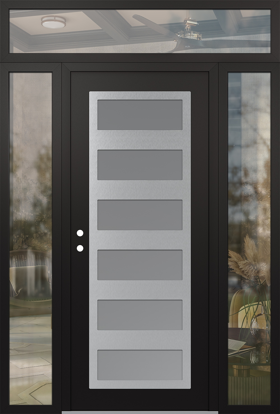 Modern Steel Front Door Diamond C9 64" x 96" black/white frosted Glass Panel stainless steel RHI with 2 Sidelites and Transom clear Glass