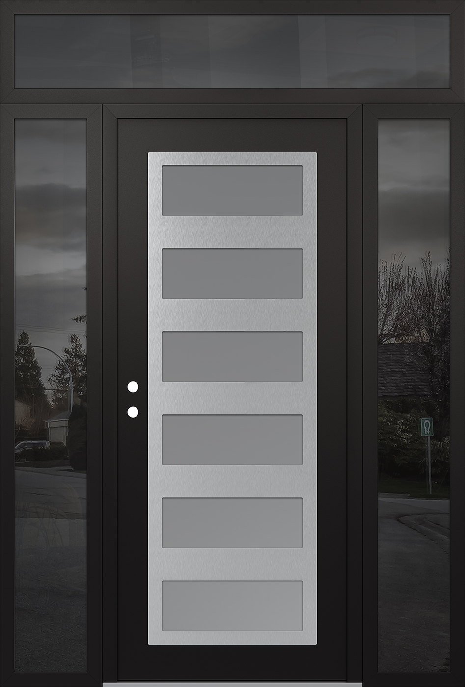 Modern Steel Front Door Diamond C9 64" x 96" black/white frosted Glass Panel stainless steel RHI with 2 Sidelites and Transom mirrored Glass