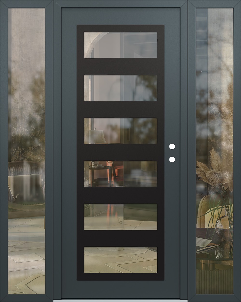 Modern Steel Front Door Diamond C9 68" x 80" anthracite/anthracite clear Glass Panel black LHI with 2 Sidelites clear Glass