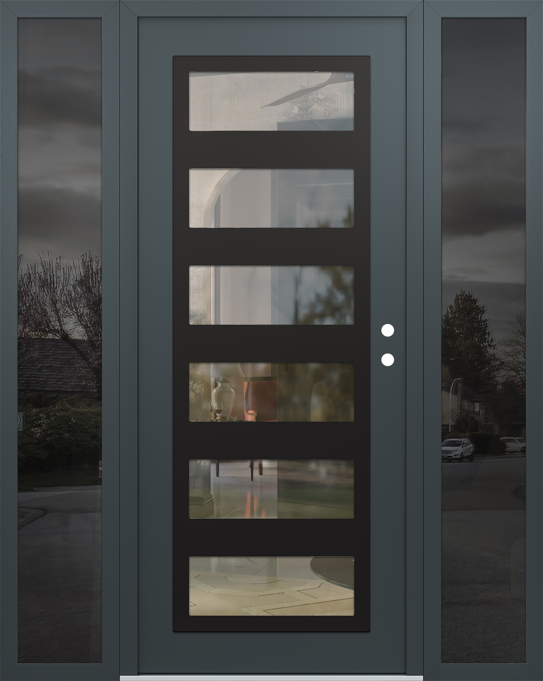 Modern Steel Front Door Diamond C9 68" x 80" anthracite/anthracite clear Glass Panel black LHI with 2 Sidelites mirrored Glass