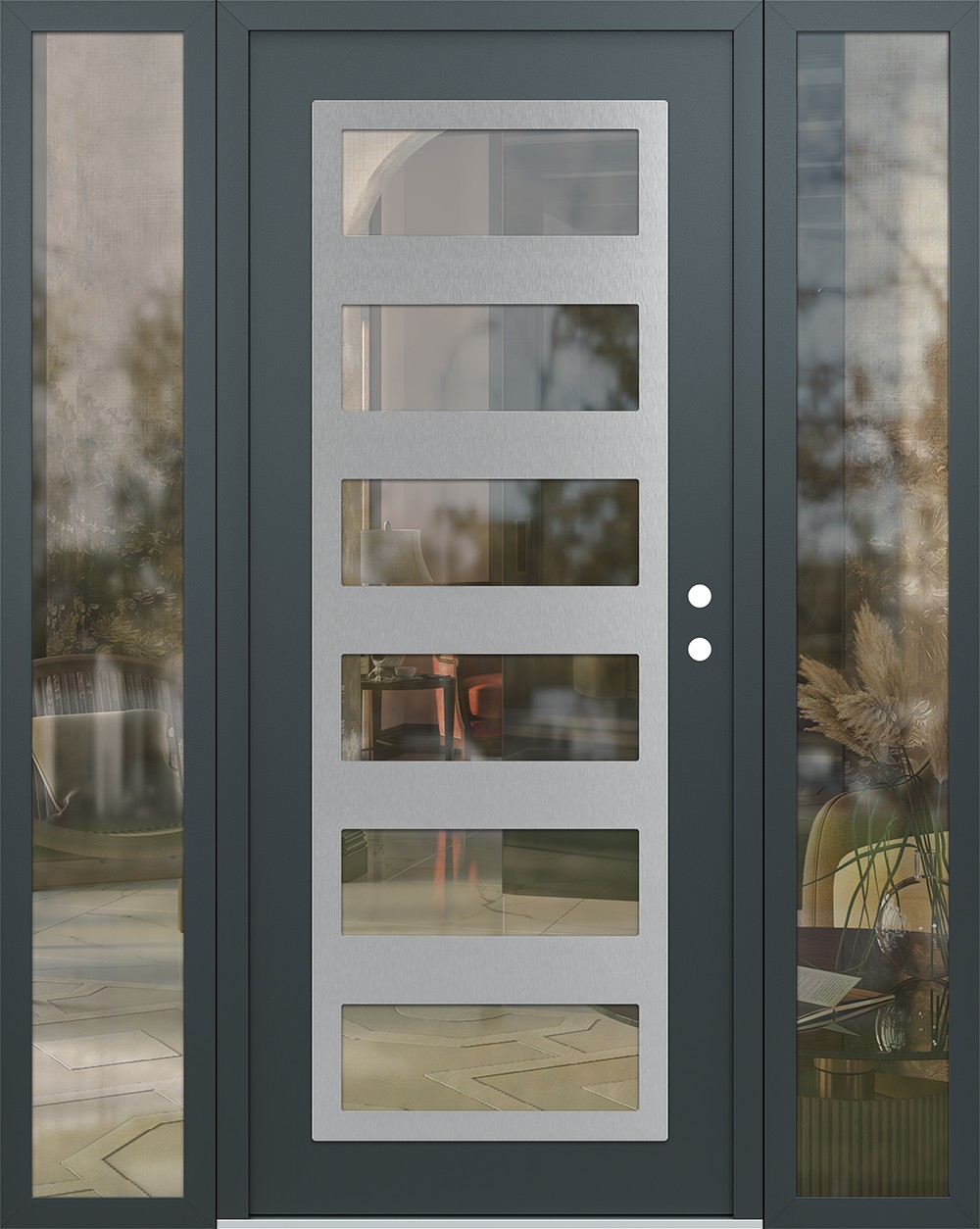 Modern Steel Front Door Diamond C9 68" x 80" anthracite/anthracite clear Glass Panel stainless steel LHI with 2 Sidelites clear Glass